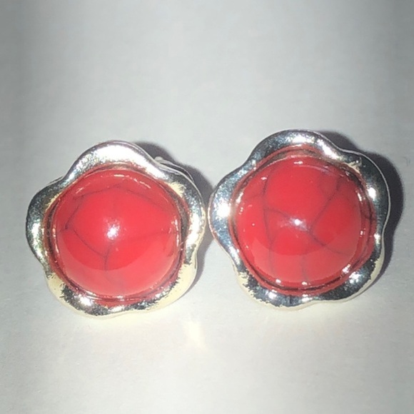 Jewelry - Red and Silver Tone Dainty Boho Stud Earrings